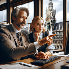 Ein Mann und eine Frau sitzen nebeneinander und blicken konzentriert auf einen Computermonitor.